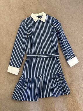 EUC J. Crew 100% Cotton Navy and White Striped Belted Shirt Dress